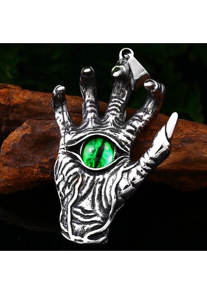 Titanyum Paslanmaz Çelik Yeşil Göz Iskelet El Kolye /yeşil Cam Göz Illuminate Kurukafa El Kolye