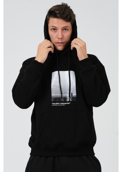 Erkek Siyah Oversize Fit Önü Baskılı Kapüşonlu Içi Yumuşak Tüylü Sweatshirt RF0306