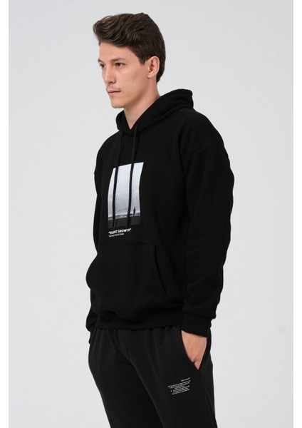 Erkek Siyah Oversize Fit Önü Baskılı Kapüşonlu Içi Yumuşak Tüylü Sweatshirt RF0306