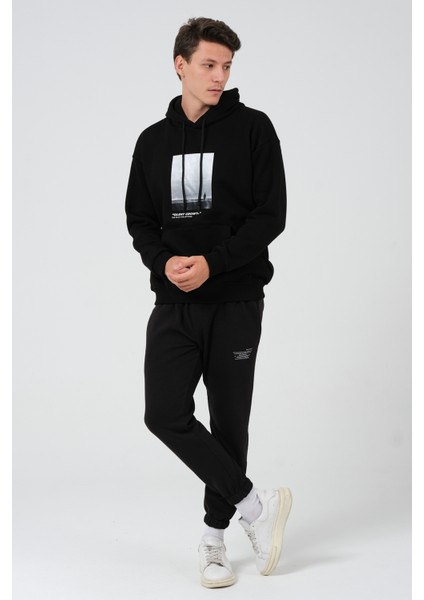 Erkek Siyah Oversize Fit Önü Baskılı Kapüşonlu Içi Yumuşak Tüylü Sweatshirt RF0306