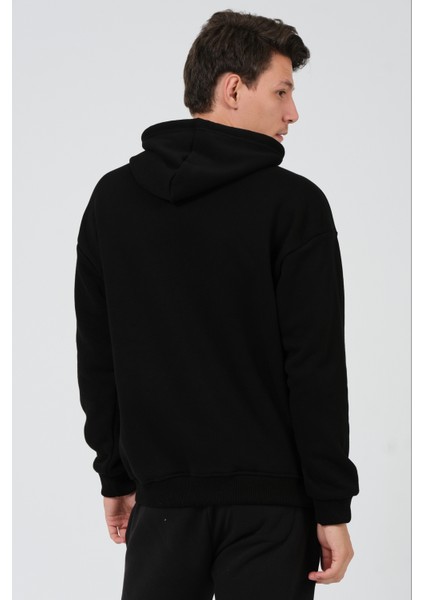 Erkek Siyah Oversize Fit Önü Baskılı Kapüşonlu Içi Yumuşak Tüylü Sweatshirt RF0306
