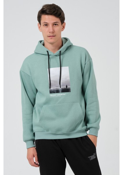 Erkek Çağla Yeşili Oversize Fit Önü Baskılı Kapüşonlu Içi Yumuşak Tüylü Sweatshirt RF0306