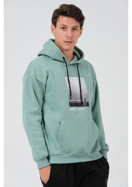 Erkek Çağla Yeşili Oversize Fit Önü Baskılı Kapüşonlu Içi Yumuşak Tüylü Sweatshirt RF0306
