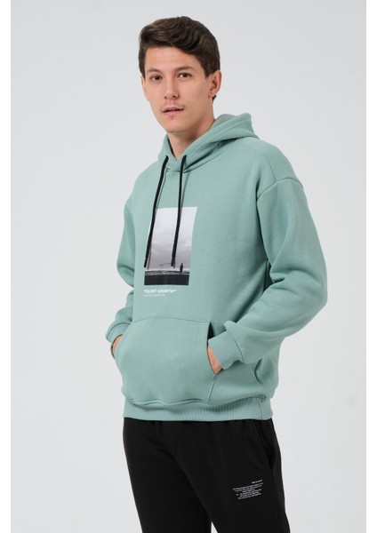 Erkek Çağla Yeşili Oversize Fit Önü Baskılı Kapüşonlu Içi Yumuşak Tüylü Sweatshirt RF0306