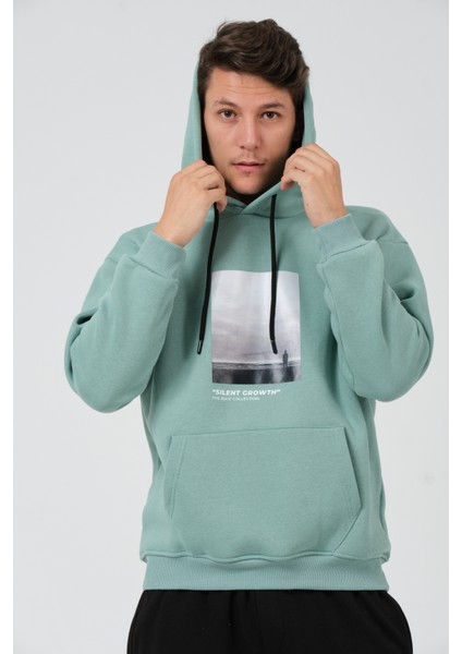 Erkek Çağla Yeşili Oversize Fit Önü Baskılı Kapüşonlu Içi Yumuşak Tüylü Sweatshirt RF0306