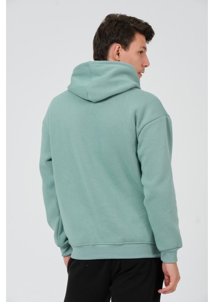 Erkek Çağla Yeşili Oversize Fit Önü Baskılı Kapüşonlu Içi Yumuşak Tüylü Sweatshirt RF0306
