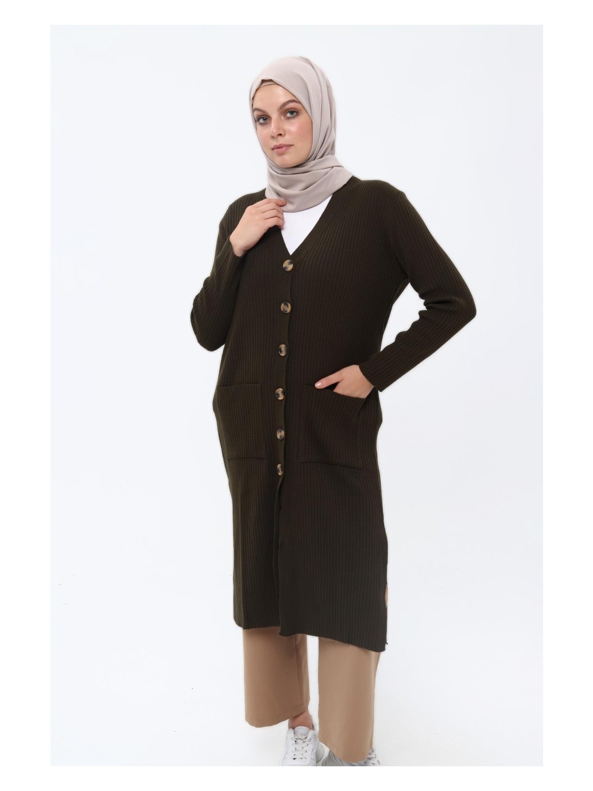 İlmek Kadın Çift Cepli Düğmeli Uzun Kışlık Tesettür Hırka N4277