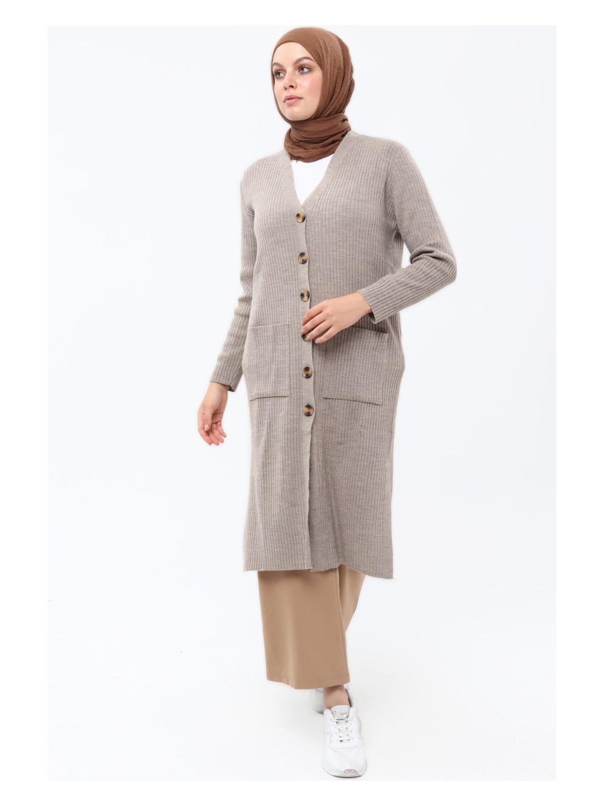 İlmek Kadın Çift Cepli Düğmeli Uzun Kışlık Tesettür Hırka N4277 - Görsel 4