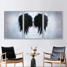Kayra Export 3 Parçalı Beyaz Çerçeveli Kanvas Tablo, Siyah Kanatlar, Melek Kanvas Poster, Modern Posteri,