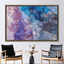 Kayra Export 1 Parça Gold Çerçeveli Kanvas Tablo, Mor ve Mavi Mermer, Altın Mermer Kanvas Poster,