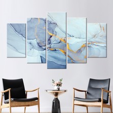 Kayra Export 5 Parçalı Mix Kanvas Tablo, Mavi Tonlar Mermer, Işıltılı Sanat, Altın Mermer Sanat,