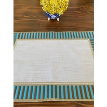 Lilies Atelier Mavi Çizgili 2'li Dikdörtgen %100 Keten Leke Tutmaz Amerikan Servis Supla