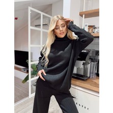 Julishop Siyah Düğme Detaylı Fitilli Oversize Triko Takımı
