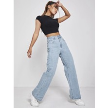 Shevega Buz Mavi Likralı Bol Paça Flare Jeans Salaş Kot Pantolon