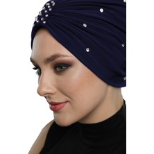 Elysianfidan Swarovskili Astarlı El Işi Swarovski İşlemeli Lacivert Hazır Türban Tesettür Bone