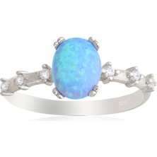 Silveranka 925 Ayar Gümüş Yüzük Oval Mavi Opal Taş Vintage Yüzük