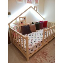 Hft Home Unisex Montessori Bebek ve Çocuk Karyolası Doğal Ahşap Yatak Evli