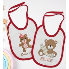 Bk Kids Kişiye Özel Sevimli Ayı Tasarımlı 2’li Kırmızı Mama Önlüğü-1