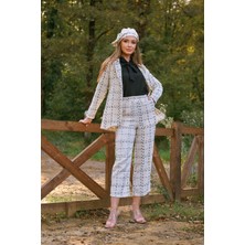 Küçüğüm Butik Beyaz Tüvit Şapka, Ceket ve Pantolon 3 Lü Takım