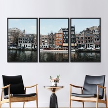 Kayra Export 3 Parçalı Siyah Çerçeveli Kanvas Tablo Kış Kanvas Baskı Şehir Duvar Dekoru Hollanda Kanvas