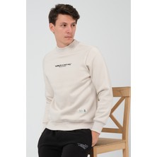 The Rule Erkek Bej Regular Fit Yarım Balıkçı Yaka Baskılı Içi Yumuşak Tüylü Sweatshirt RF0302