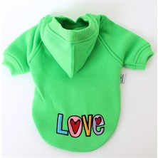 Max Design Love Nakışlı Kapşonlu Pet Sweatshirt Yeşil Köpek Kedi Hoodie