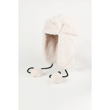 Kapin Ekru Ponponlu Kürk Şapka - Peluş Şapka