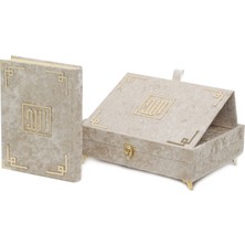 Kadife Kaplı Rahleli Kuranı Kerim Seti - Krem