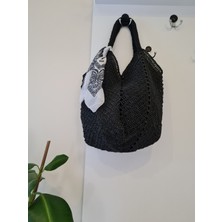 Hasır Siyah Orta Boy Kol Plaj Çantası El Örgüsü