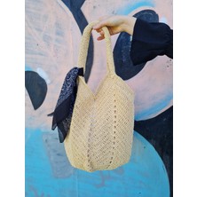 Verda Desing Fularlı Hasır Orta Boy Kol Plaj Çantası Saman Rengi El Örgüsü