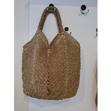 Verda Desing Hasır Büyük Kol Plaj Çantası Altın Renkli El Örgüsü