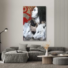 SML Tablo Üç Kurt ve Kargasıyla Güçlü Kadın Kanvas Tablo