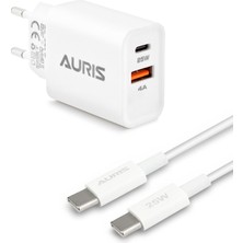 Auris Type-C Kablo ve Adaptör Şarj Seti 4A 25W 1x Tpe-C 1x USB Girişi Pd Hızlı Şarj Teknolojisi ARS-CH26