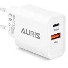 Auris Type-C Kablo ve Adaptör Şarj Seti 4A 25W 1x Tpe-C 1x USB Girişi Pd Hızlı Şarj Teknolojisi ARS-CH26