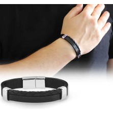 Tesbihane Hasır Tasarım Çift Sıra Siyah Çelik-Deri Kombinli Erkek Bileklik