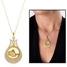 Tesbihane Beyaz Zirkon Taşlı Tuğralı Lale 925 Ayar Gümüş Kadın Kolye