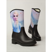 Sea & Blue Shoes Elsa Frozen Baskılı Siyah Su Geçirmeyen Kız Çocuk Yağmur Çizmesi