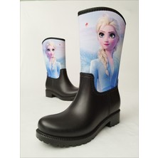 Sea & Blue Shoes Elsa Frozen Baskılı Siyah Su Geçirmeyen Kız Çocuk Yağmur Çizmesi