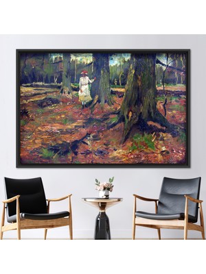 Kayra Export 1 Parça Siyah Çerçeveli Kanvas Tablo, Ormanda Beyaz Kız, Van Gogh Kız Posteri,