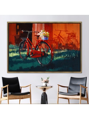 Kayra Export 1 Parça Gold Çerçeveli Kanvas Tablo, Vintage Bisiklet Boyama, Kırmızı Bisiklet Posteri,