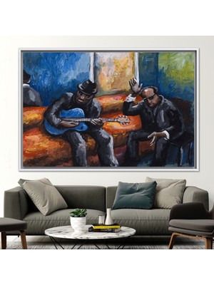 Kayra Export 1 Parça Beyaz Çerçeveli Kanvas Tablo, Afrikalı Gitarist ve Şarkıcı, Caz Sanat,