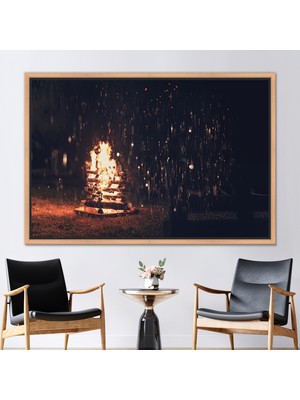 Kayra Export 1 Parça Naturel Çerçeveli Kanvas Tablo, Açık Hava Ateşi Kanvas Poster, Kamp Ateşi Kanvas Baskı,