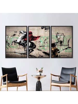 Kayra Export 3 Parçalı Siyah Çerçeveli Kanvas Tablo, Banksy Horse Rider, Banksy Street 3 Boyutlu Kanvas,