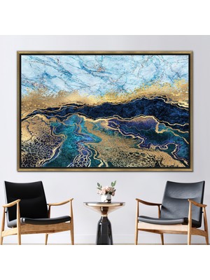 Kayra Export 1 Parça Gold Çerçeveli Kanvas Tablo, Mavi Mermer Duvar Süsü, Soyut Mermer Kanvas Baskı,