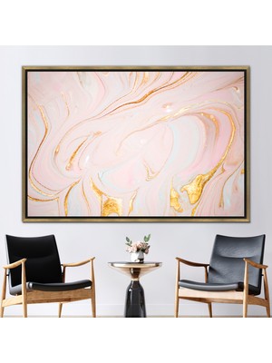 Kayra Export 1 Parça Gold Çerçeveli Kanvas Tablo, Pembe ve Altın Mermer, Altın Mermer Sanat,