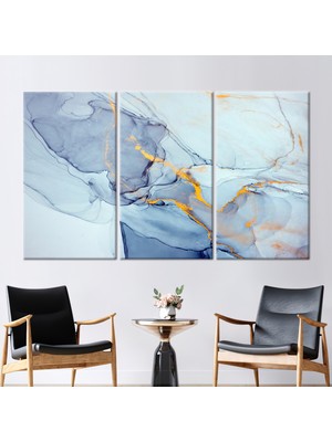 Kayra Export 3 Parçalı Kanvas Tablo, Mavi Tonlar Mermer, Altın Mermer Duvar Dekoru, Işıltılı Hediye Kanvas,