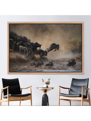 Kayra Export 1 Parça Naturel Çerçeveli Kanvas Tablo, Bison Kanvas Baskı, Safari Posteri,