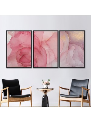 Kayra Export 3 Parçalı Siyah Çerçeveli Kanvas Tablo, Pembe Mermer, Modern Duvar Dekoru,