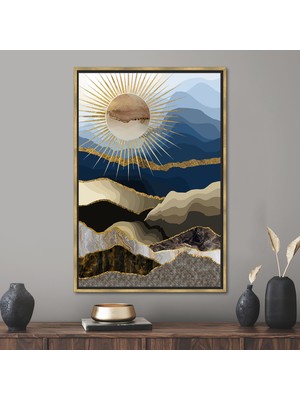 Kayra Export 1 Parça Gold Çerçeveli Kanvas Tablo, Güneş ve Dağ Manzarası, Işıltılı Posteri,