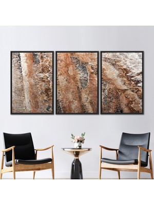 Kayra Export 3 Parçalı Siyah Çerçeveli Kanvas Tablo, Taş Sanat Eseri, Kahverengi Kanvas Baskı, Soyut Posteri,